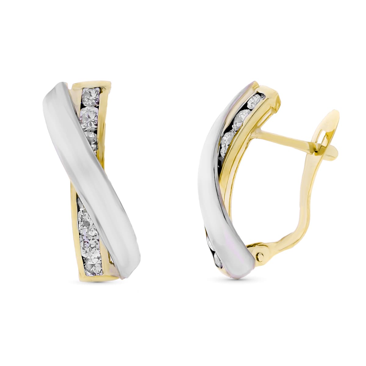9K PENDIENTES ORO BICOLOR BANDAS CRUZADA CIRCONITAS 18X8 MM CATALAN