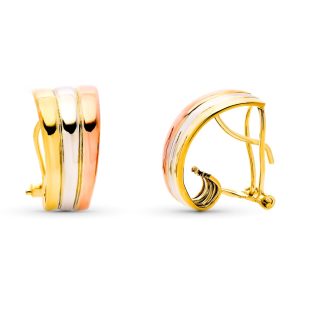 9K PENDIENTES ORO TRICOLOR BANDAS LISAS 18X9 MM CIERRE OMEGA