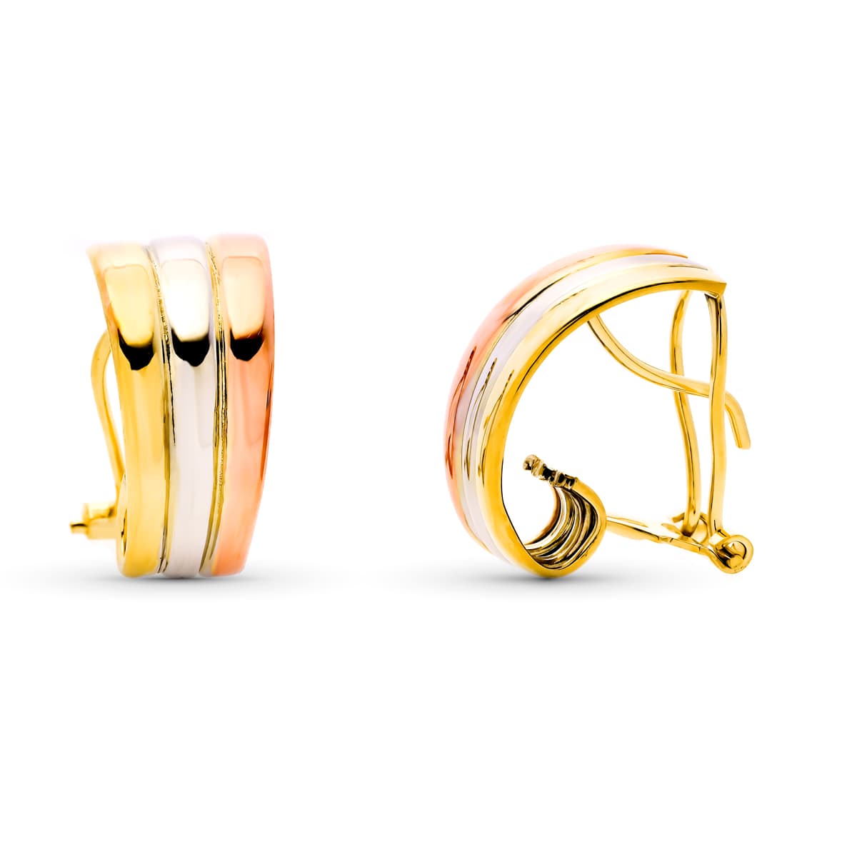 9K PENDIENTES ORO TRICOLOR BANDAS LISAS 18X9 MM CIERRE OMEGA