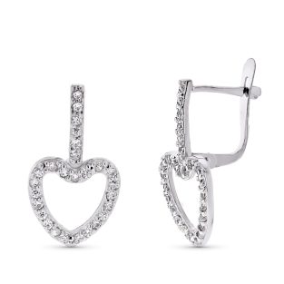 9K PENDIENTES ORO BLANCO DOS CUERPOS CORAZON CIRCONITA 20X10 MM