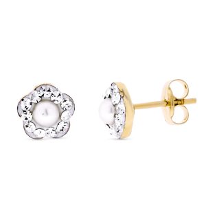 9K PENDIENTES ORO AMARILLO FLOR CIRCONITAS PERLA 3 MM ANCHO TOTAL 6 MM PRESION
