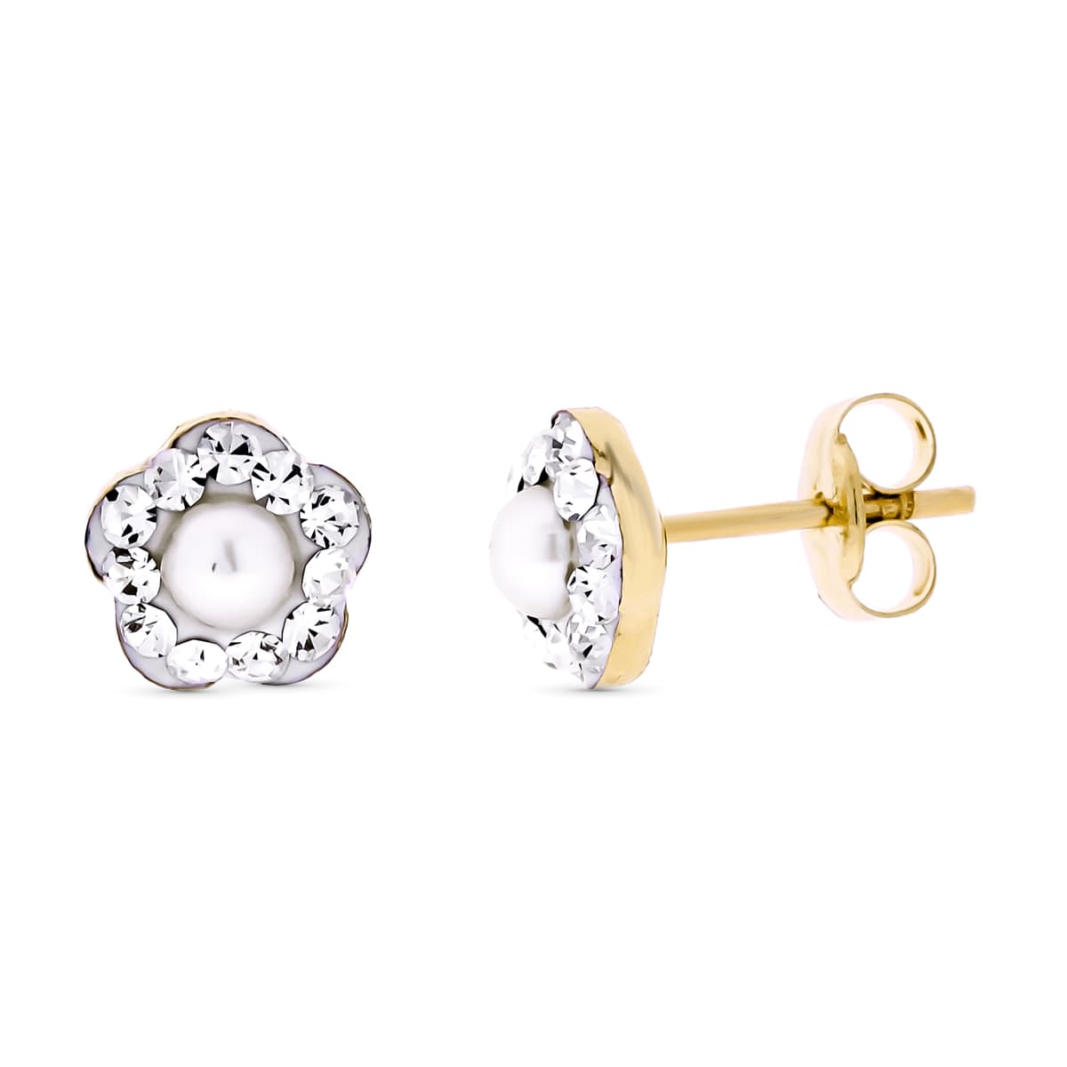9K PENDIENTES ORO AMARILLO FLOR CIRCONITAS PERLA 3 MM ANCHO TOTAL 6 MM PRESION