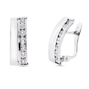 9K PENDIENTES ORO BLANCO BANDAS Y CIRCONITAS 16X7 MM CIERRE CATALAN