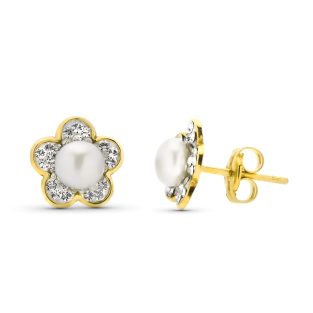 9K PENDIENTES ORO AMARILLO CIRCONITAS PERLA 4.50 MM TOTAL 9 MM PRESION