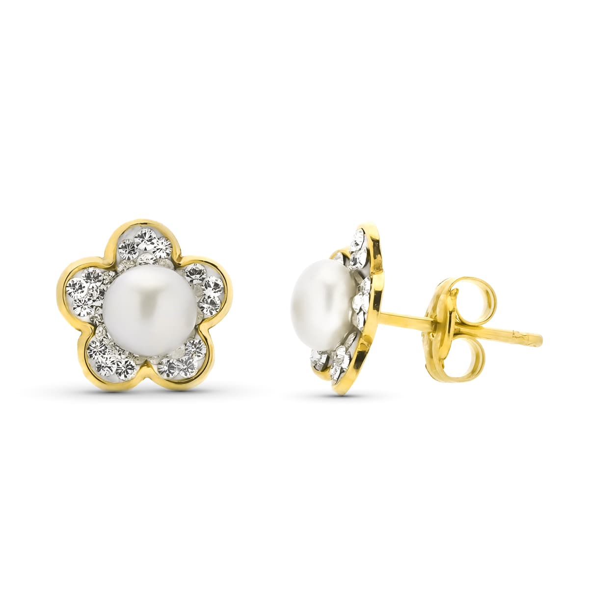 9K PENDIENTES ORO AMARILLO CIRCONITAS PERLA 4.50 MM TOTAL 9 MM PRESION