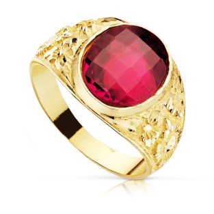 18K SELLO CABALLERO TALLADO ORO MACIZO PIEDRA SPINEL RUBI OVAL DAMERO 12 X10 MM