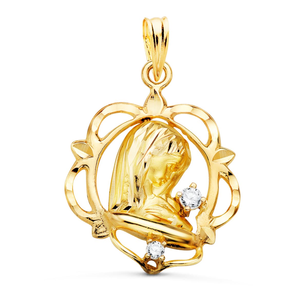 9K MEDALLA ORO AMARILLO VIRGEN NIÑA CERCO CON CIRCONITAS 21X19 MM