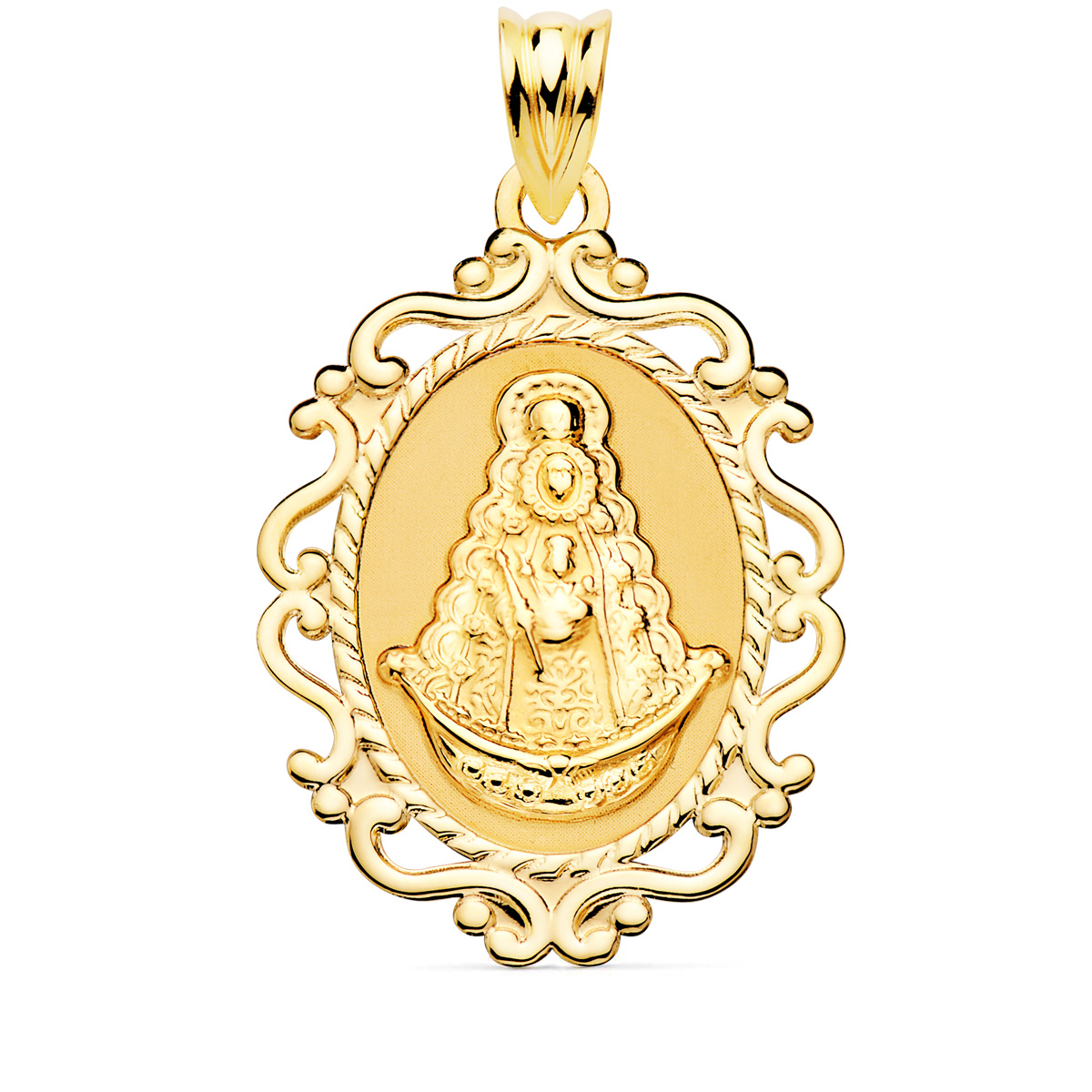 18K MEDALLA VIRGEN DEL ROCIO CERCO CALADO EN BRILLO 31X21 MM