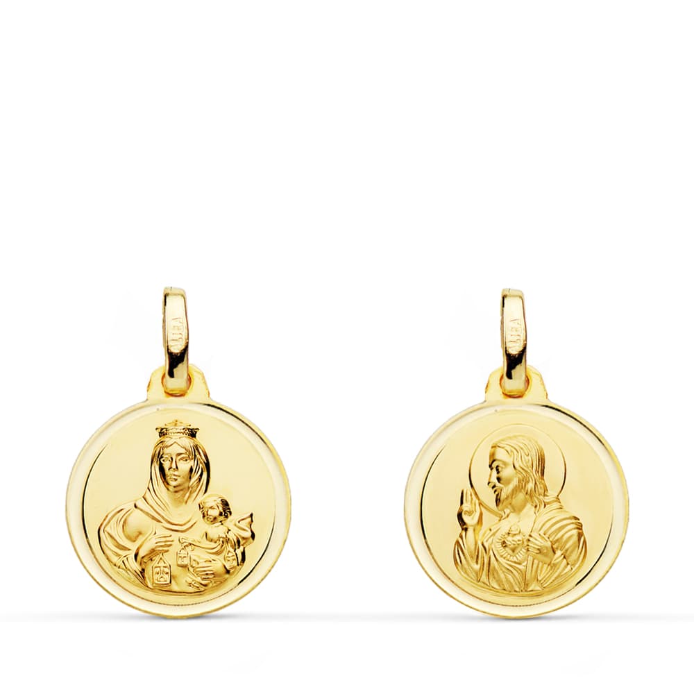 18K ESCAPULARIO BISEL VIRGEN DEL CARMEN CORAZON DE JESUS 14 MM
