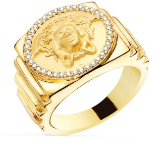 18K SELLO ORO AMARILLO MEDUSA CON CIRCONITAS LATERAL ESCALONADO ANCHO 19 MM