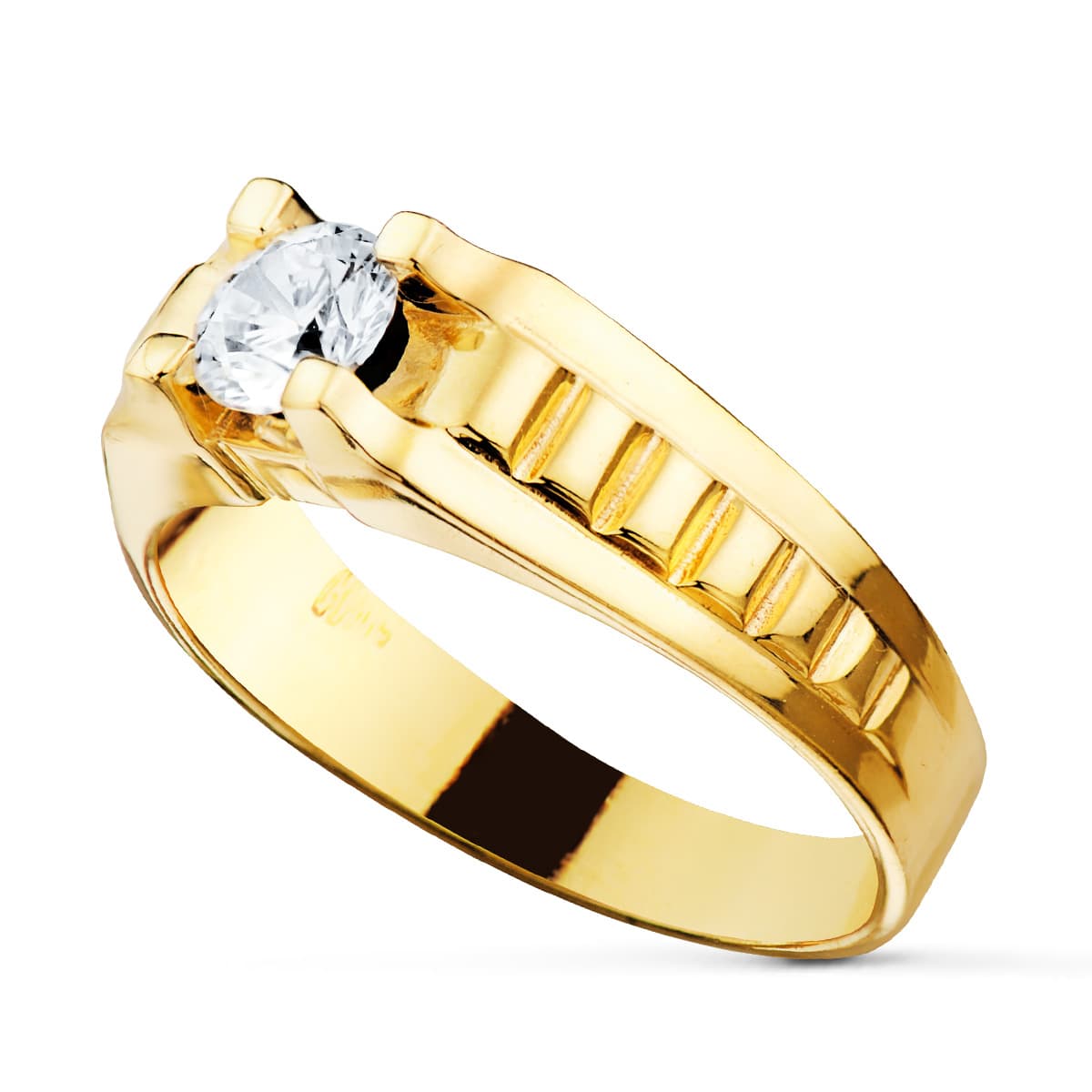 18K SOLITARIO ORO AMARILLO ESTRIAS CABALLERO CIRCONITA 5.5 MM - Imagen 2