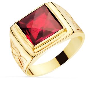 18K SELLO CUADRADO ORO MACIZO CON PIEDRA SPINEL RUBI TALLA DAMERO 12X12 MM
