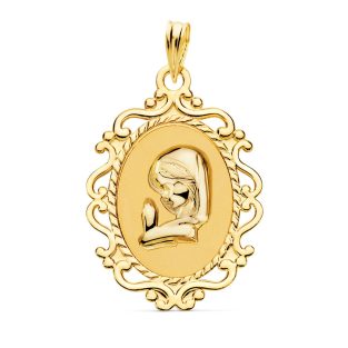 18K MEDALLA VIRGEN NIÑA CERCO CALADO BRILLO 27X21 MM