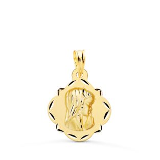 18K MEDALLA ORO AMARILLO VIRGEN NIÑA PERFIL PANDERETA TALLADA 19X16 MM