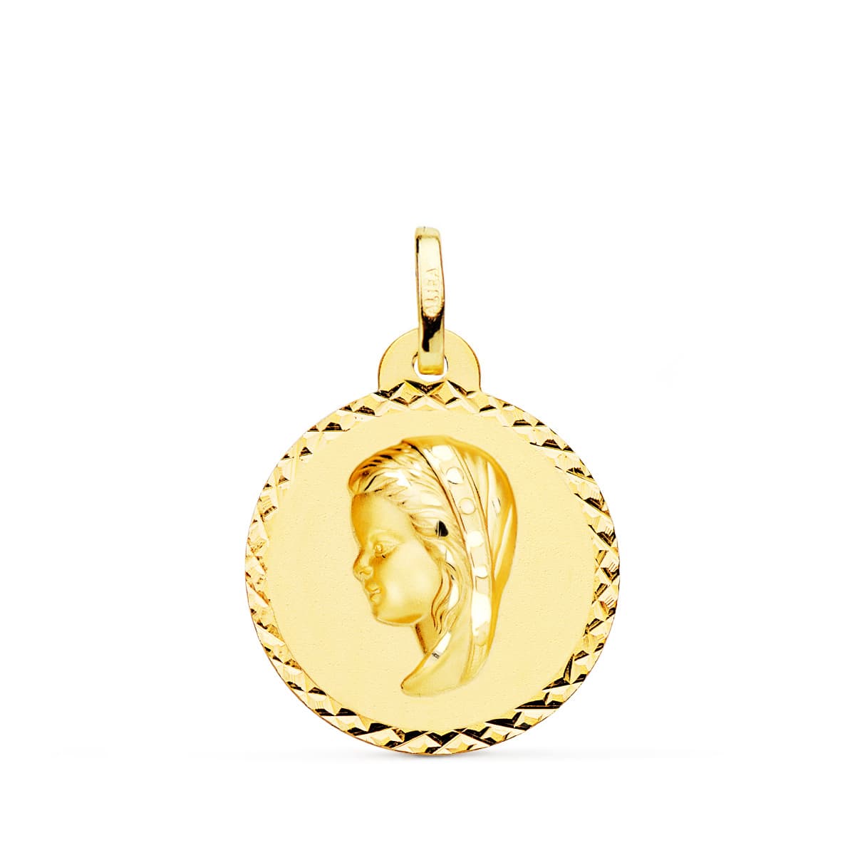 18K MEDALLA ORO AMARILLO VIRGEN NIÑA TALLA CRUZADA 20 MM