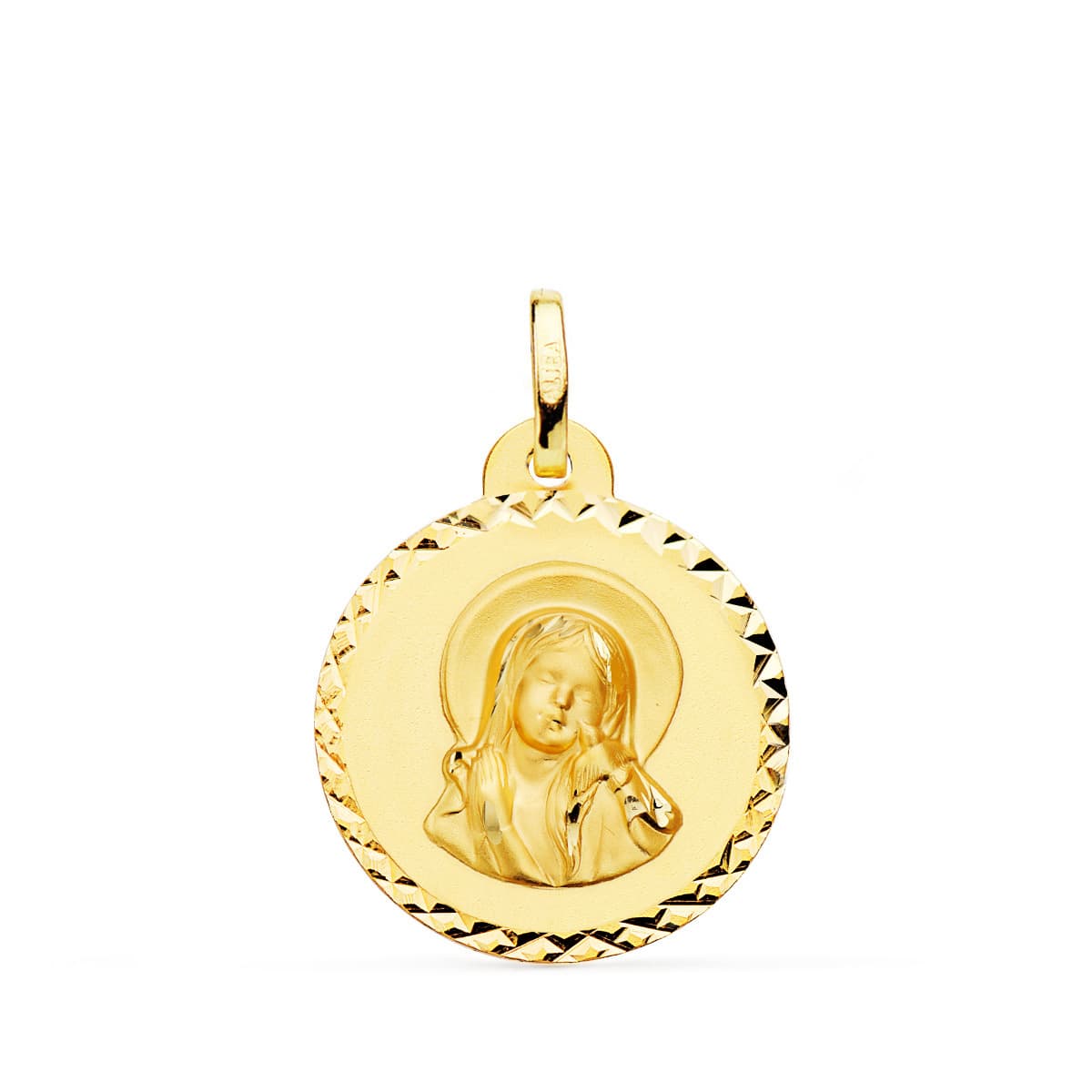 18K MEDALLA VIRGEN MARIA Y ESPIRITU SANTO TALLA CRUZADA 20 MM