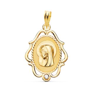 18K MEDALLA VIRGEN NIÑA CERCO CALADO BRILLO CON CIRCONITA 24X17 MM