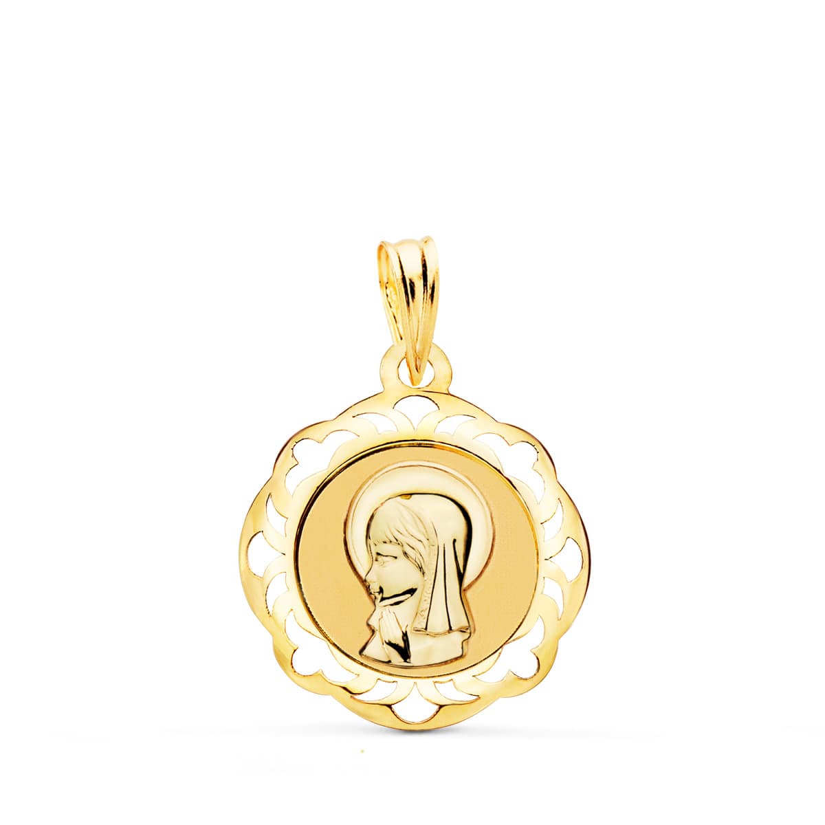 18K MEDALLA VIRGEN NIÑA CERCO CALADO EN BRILLO 20X18 MM