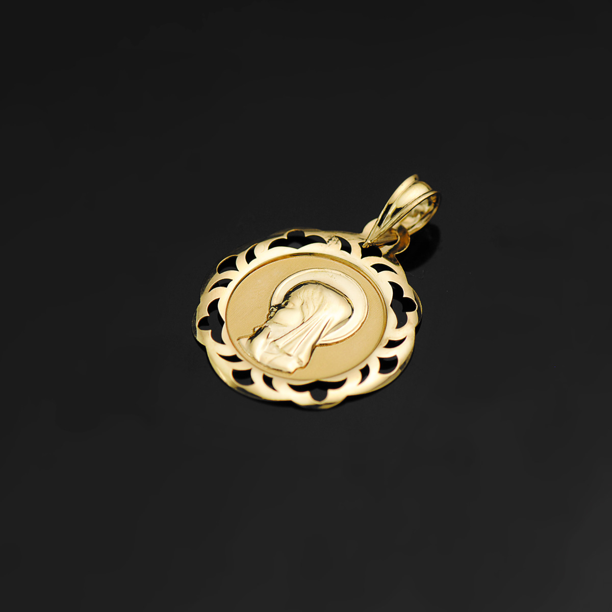 18K MEDALLA VIRGEN NIÑA CERCO CALADO EN BRILLO 20X18 MM - Imagen 2
