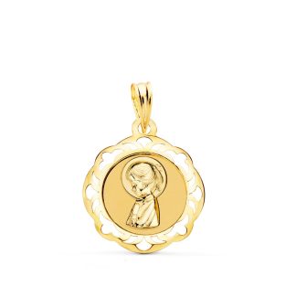 18K MEDALLA VIRGEN NIÑA CERCO CALADO EN BRILLO 20X18 MM