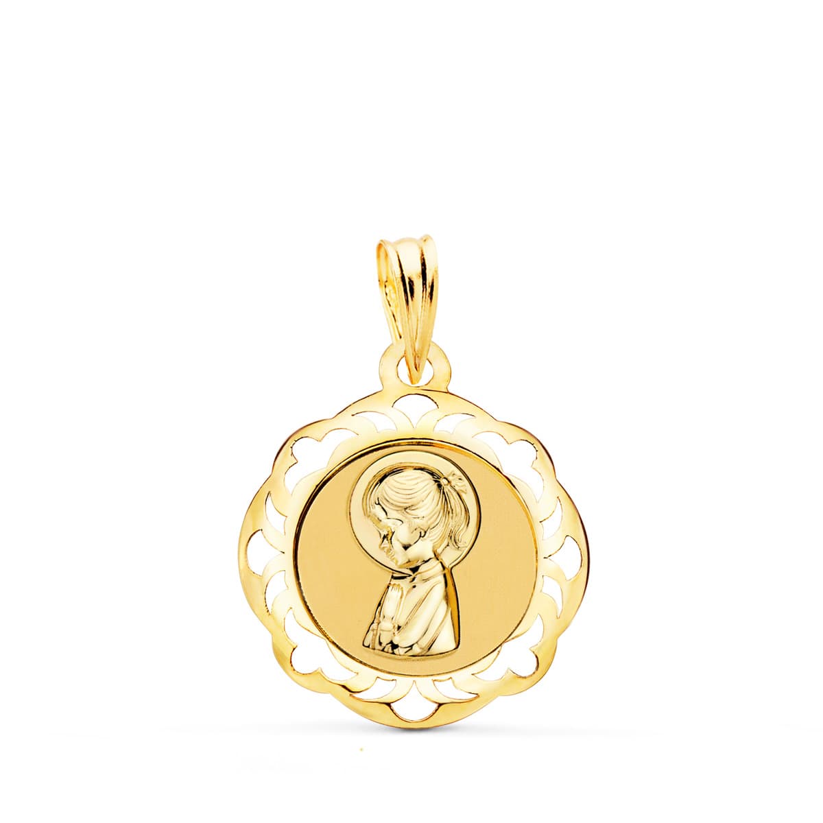18K MEDALLA VIRGEN NIÑA CERCO CALADO EN BRILLO 20X18 MM