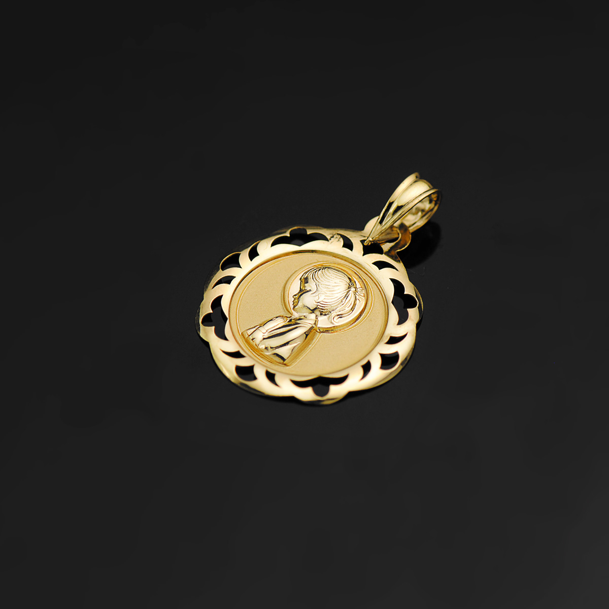 18K MEDALLA VIRGEN NIÑA CERCO CALADO EN BRILLO 20X18 MM - Imagen 2