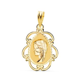 18K MEDALLA VIRGEN NIÑA CERCO CALADO EN BRILLO . 22 X 16 MM