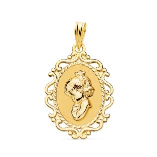 18K MEDALLA VIRGEN NIÑA PERFIL CERCO CALADO BRILLO. 23 X 16 MM