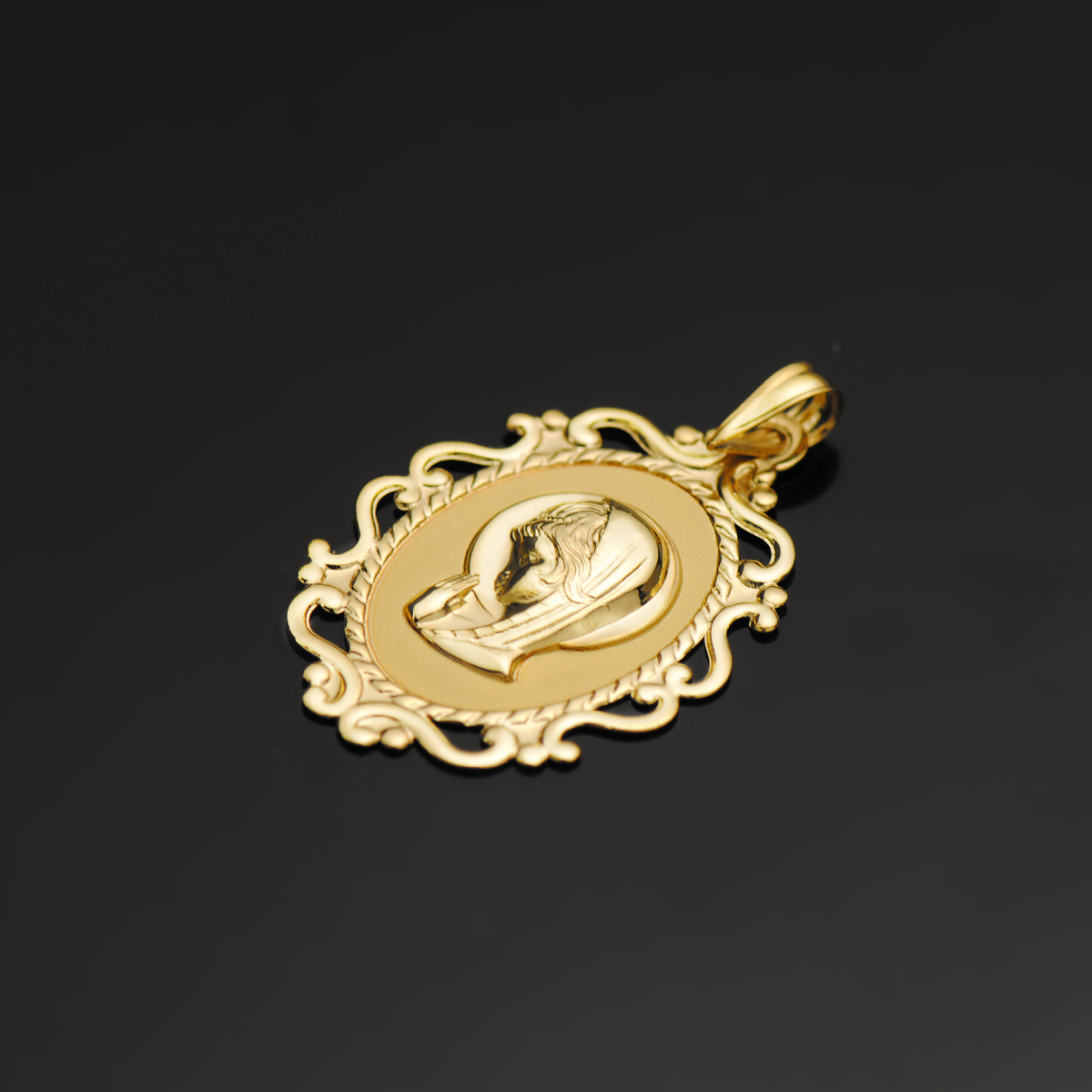 18K MEDALLA VIRGEN NIÑA CERCO CALADO EN BRILLO 31X21 MM - Imagen 2