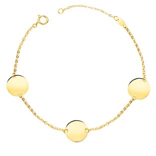 18K PULSERA ORO AMARILLO 3 DISCOS EN BRILLO REDONDOS DE 12 MM. LARGO: 18 3 CM